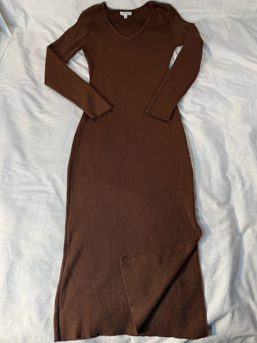 Brown Ribbed V-Neck Long Sleeve Maxi Dress by Aim High Size Large
